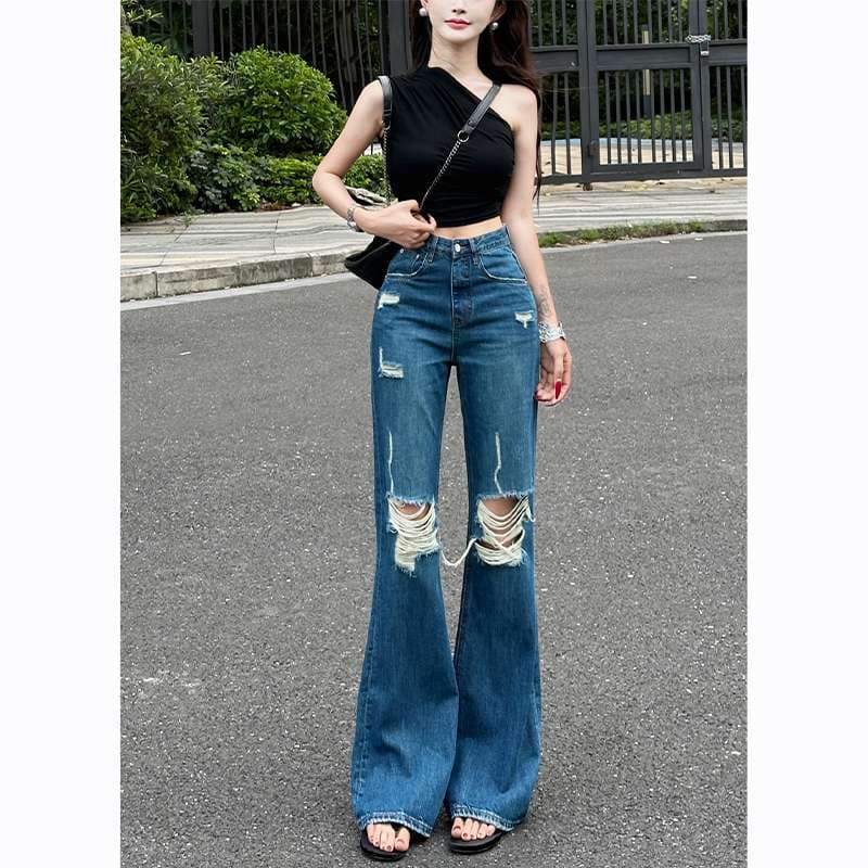 アメリカンスタイル ダメージ加工ワイドフレアデニムパンツ