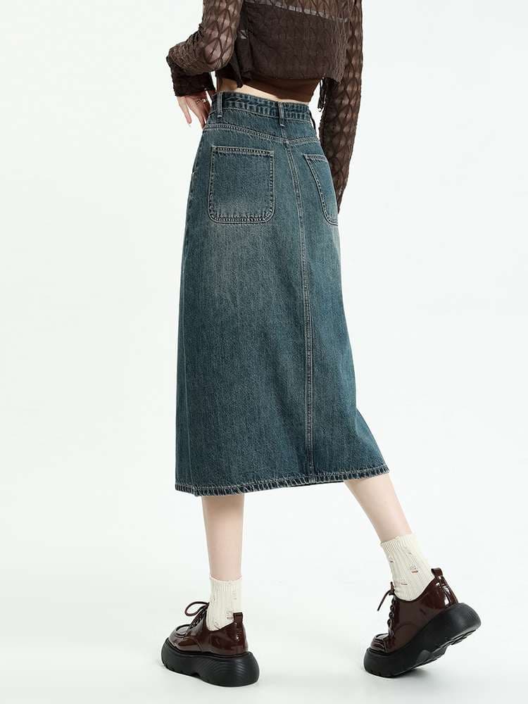 韓国スタイル デニムAラインロングタイトスカート