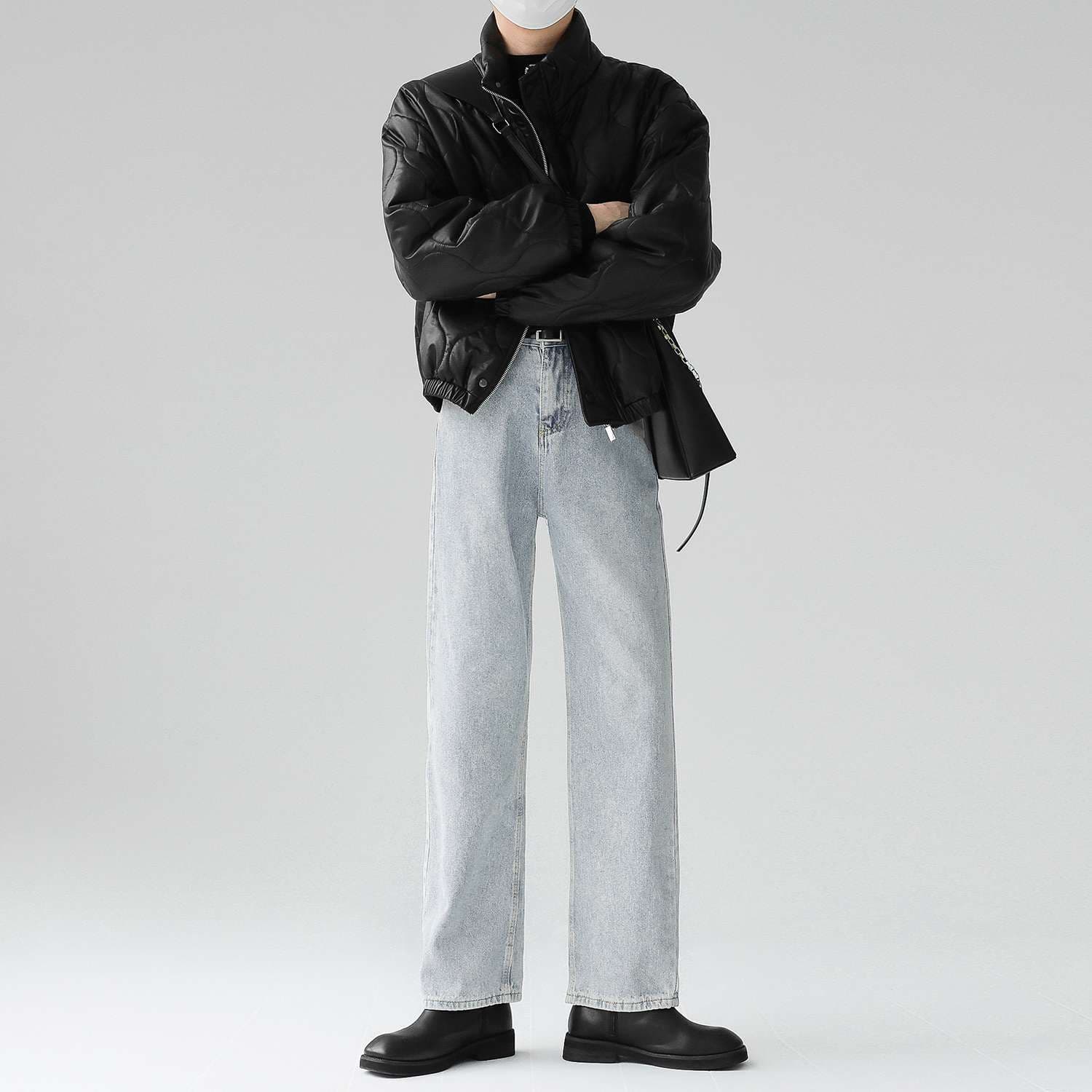 韓国スタイル ハイウエストワイドストレートデニム