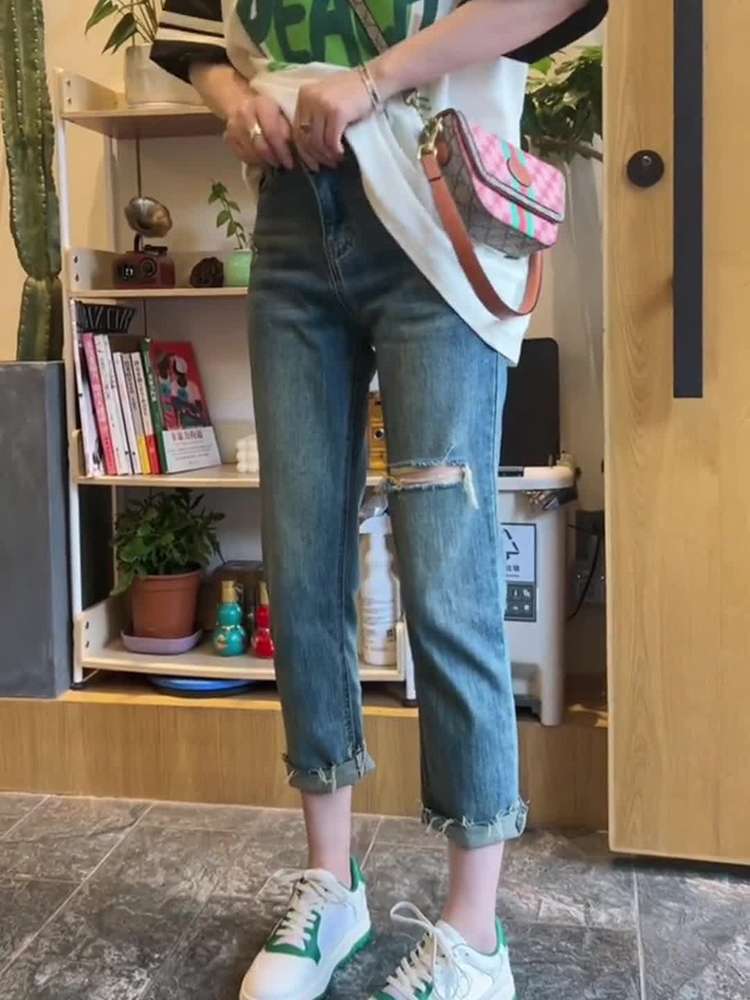 アメリカンスタイル ヴィンテージ風クロップドダメージデニム