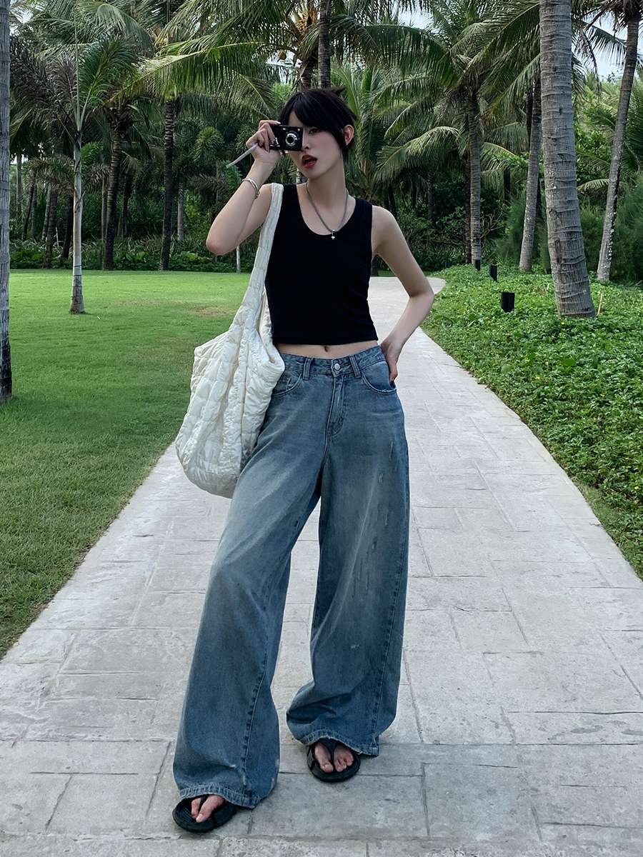カジュアルスタイル オーバーサイズ ワイドデニムパンツ
