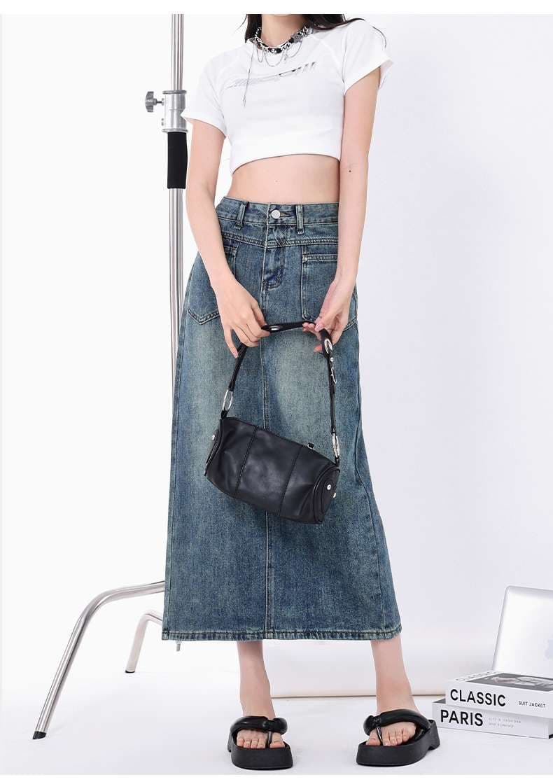 カジュアルスタイル ハイウエストデニムマキシタイトスカート