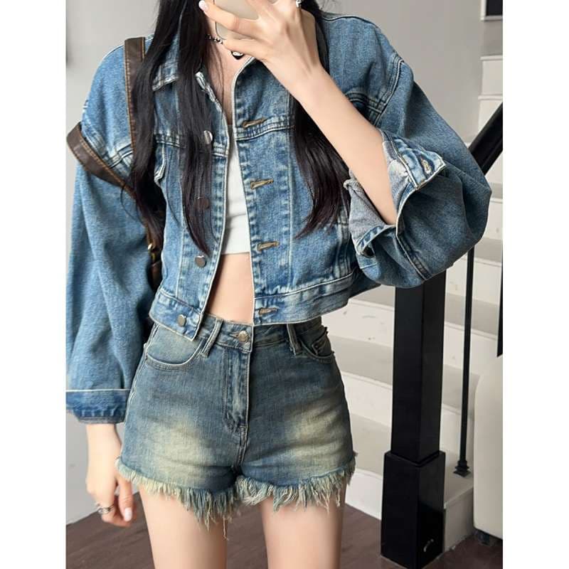 カジュアルスタイル オーバーサイズデニムクロップジャケット