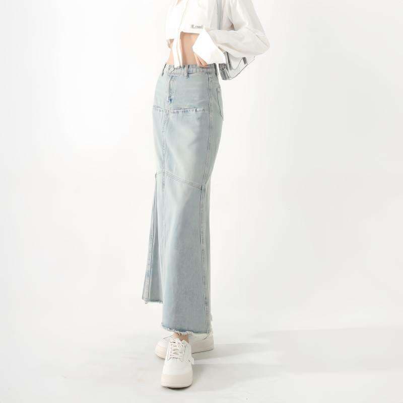 韓国デニム　マキシ丈デニムフレアスカート
