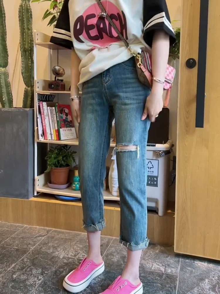 アメリカンスタイル ヴィンテージ風クロップドダメージデニム