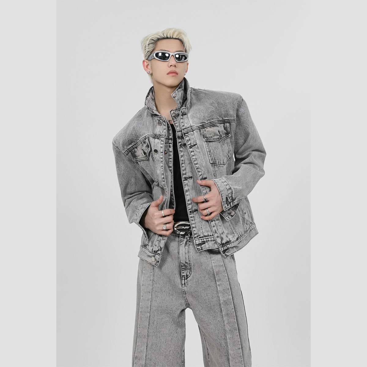 カジュアルスタイル モダンストリートグレーデニムセットアップ