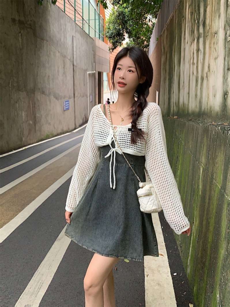 韓国スタイル 春夏デニムキャミワンピ×ニットカーディガンセット