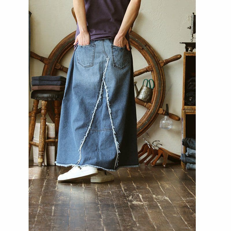 パッチワーク風デニムロングスカート