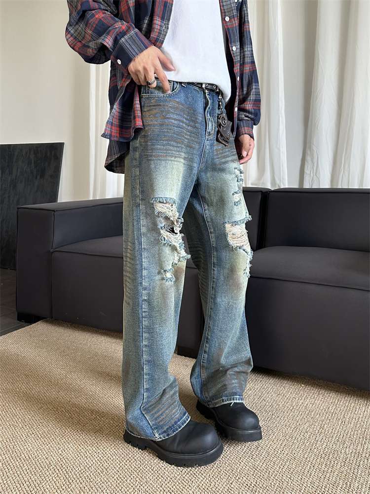 デニム  ダメージ加工ワイドストレートジーンズ