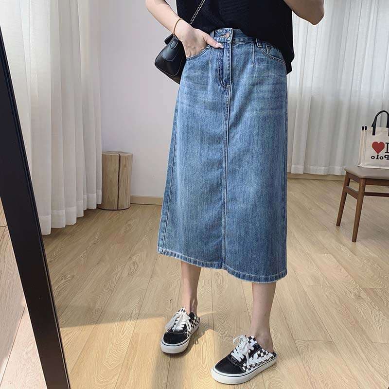 デニムスカート クラシックデニムミディスカートタイト