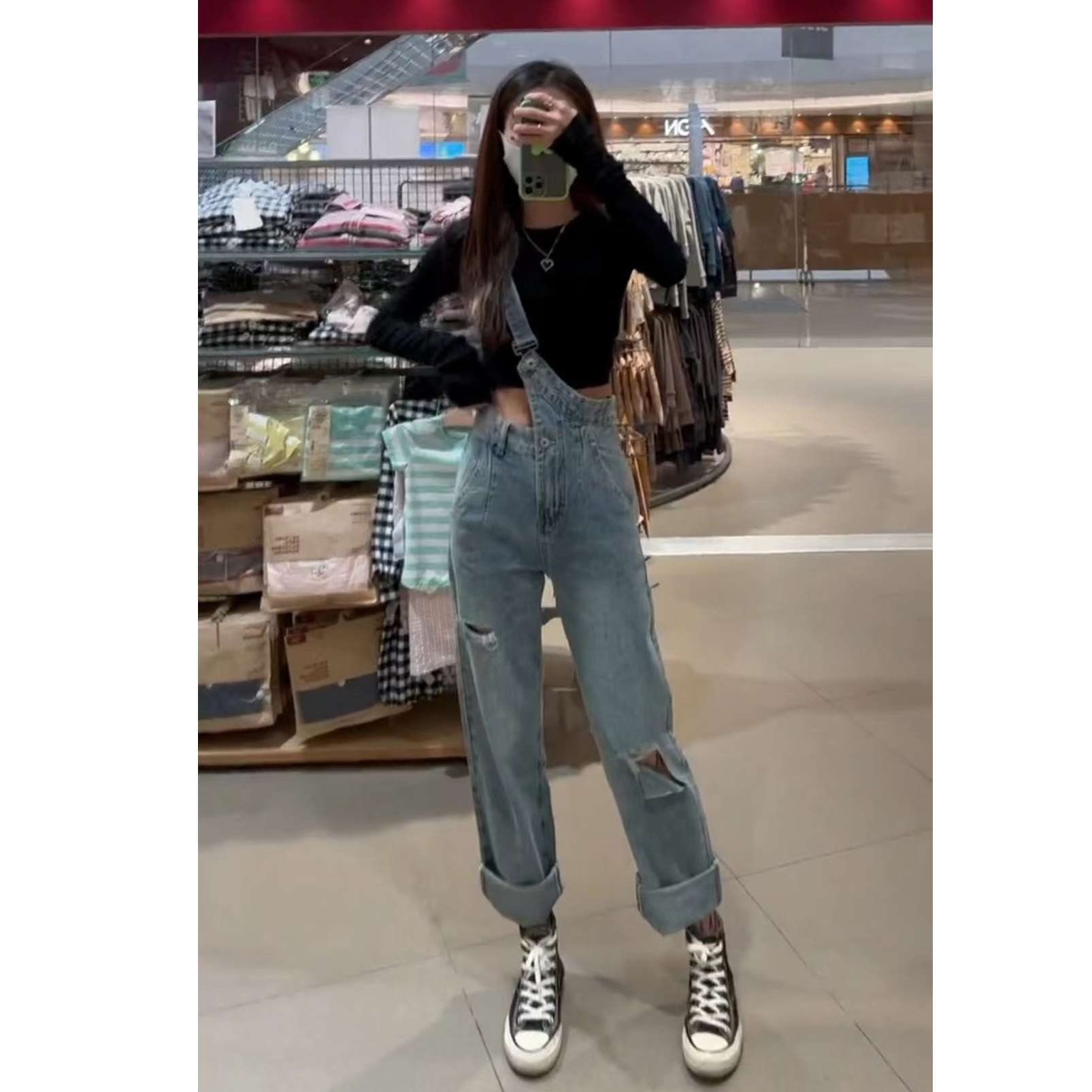 韓国スタイル ビンテージ風ダメージ加工デニムオーバーオール