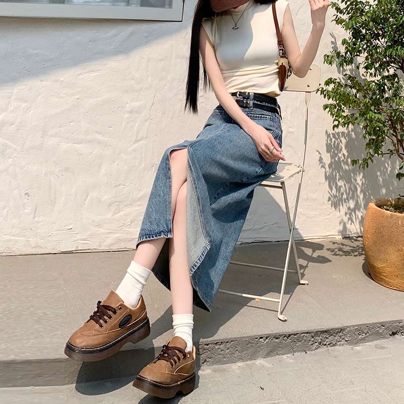 ヴィンテージスタイル ロングデニムスリットスカート