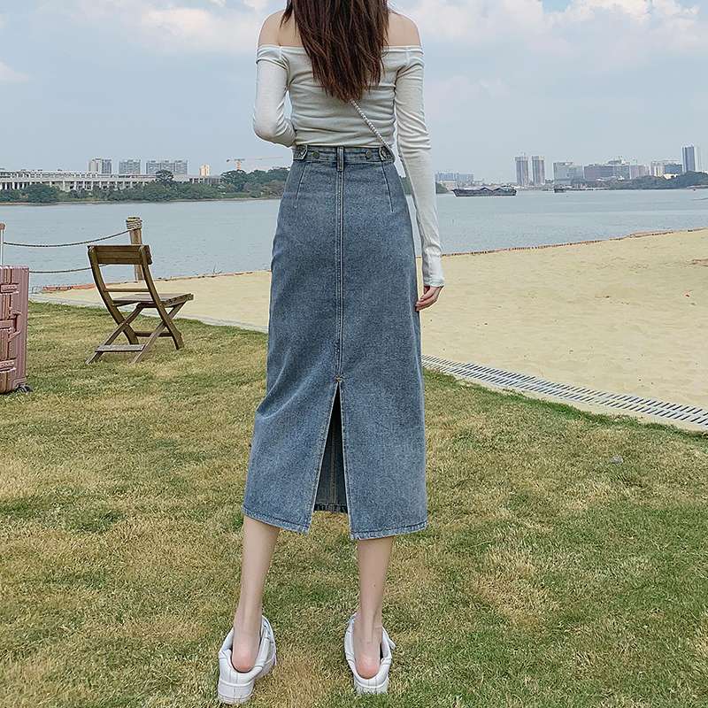 カジュアルスタイル すっきりシルエットデニムロングタイトスカート