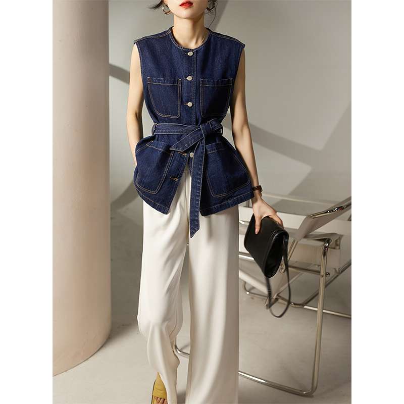 韓国スタイル ノースリーブデニムベスト ウエストベルト付き