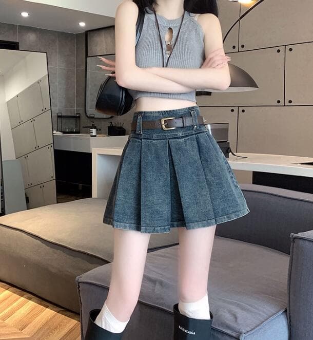 デニムスカート ハイウェストプリーツミニスカート