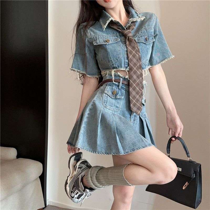 カジュアルスタイル フリンジ付きデニムセットアップ ミニスカート