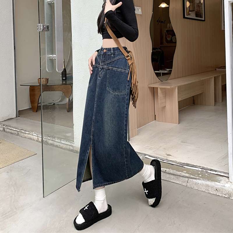 ヴィンテージスタイル ロングデニムスリットスカート