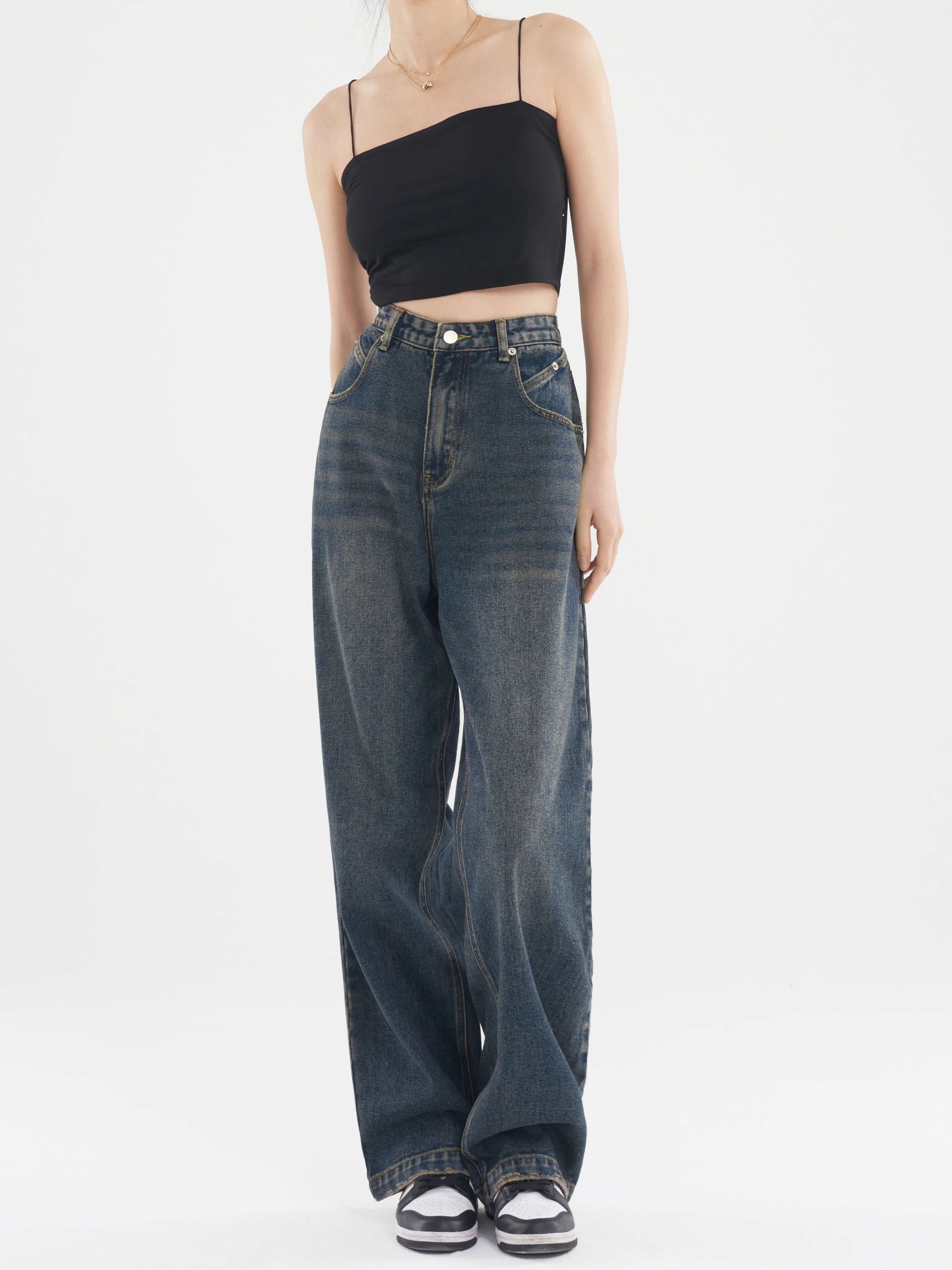 カジュアルスタイル ハイウエストワイドデニムパンツ