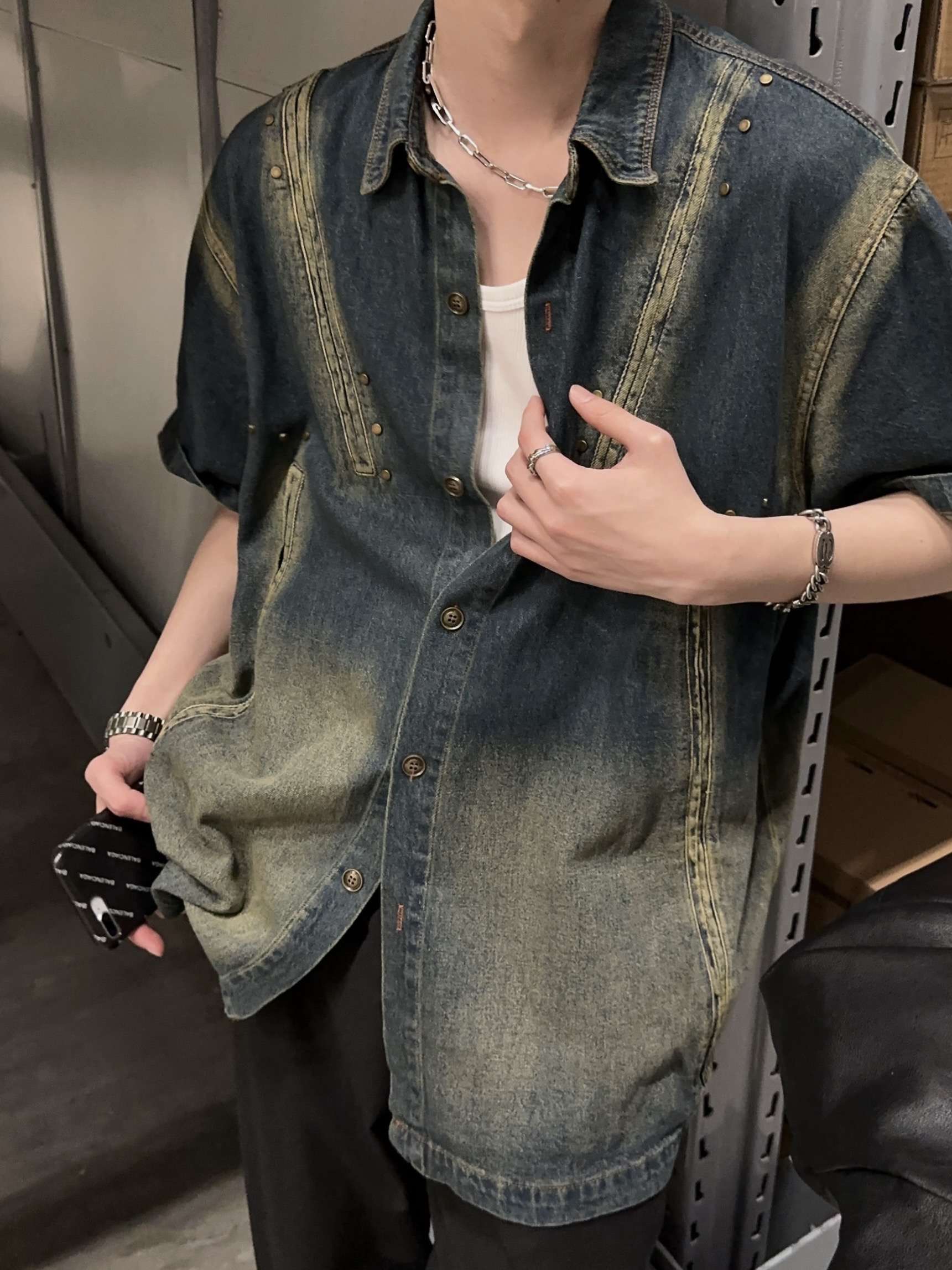 韓国スタイル ヴィンテージ風オーバーサイズデニムシャツ