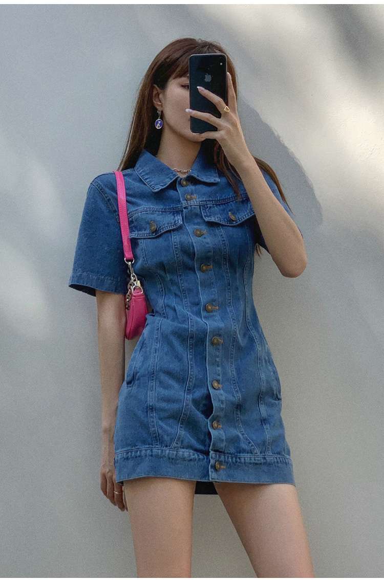 カジュアルスタイル デニムシャツワンピース ショート丈 タイトフィット