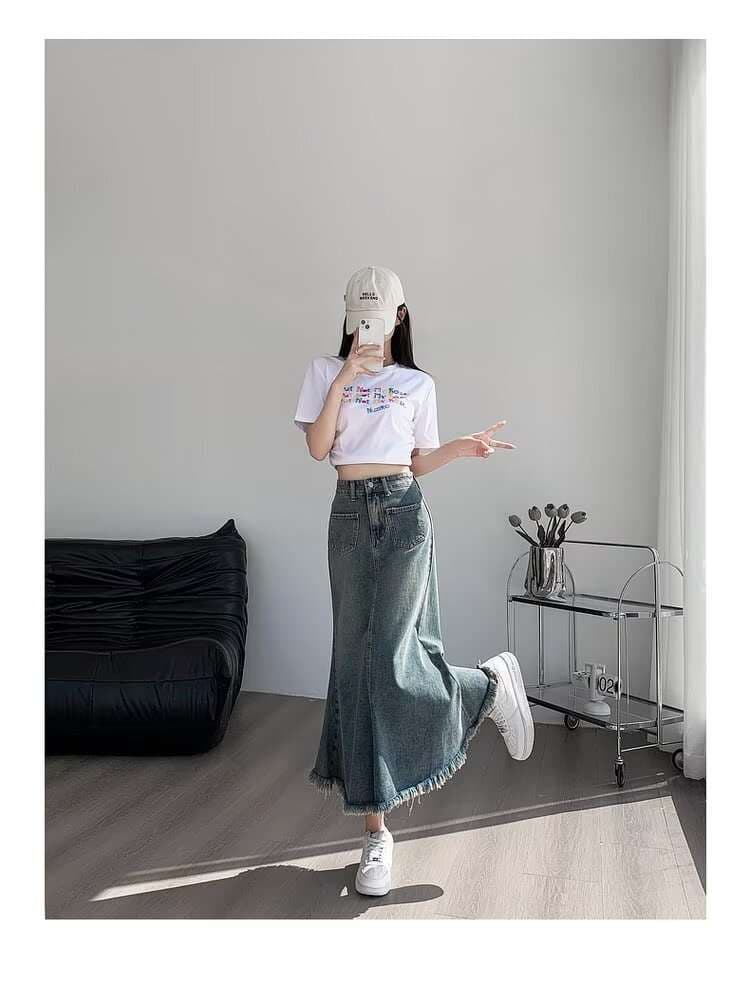 カジュアルスタイル フリンジ裾デニムマキシスカートマーメイド