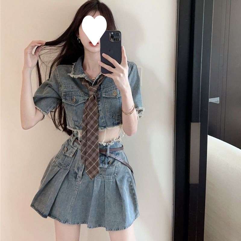 カジュアルスタイル フリンジ付きデニムセットアップ ミニスカート