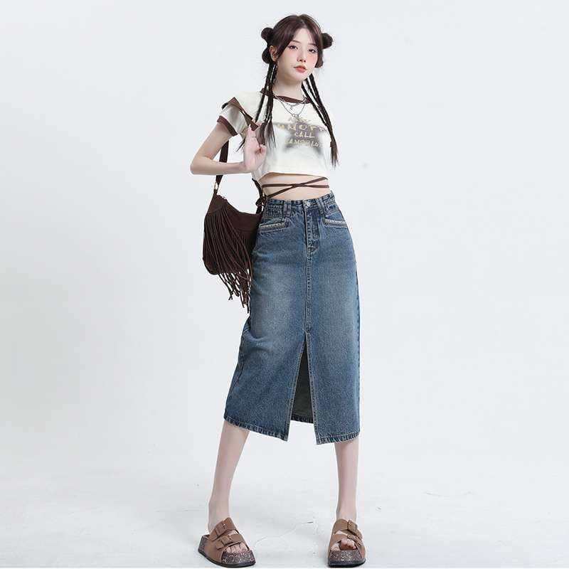 韓国スタイル　ミドル丈デニムタイトスカート