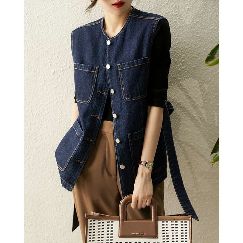 韓国スタイル ノースリーブデニムベスト ウエストベルト付き