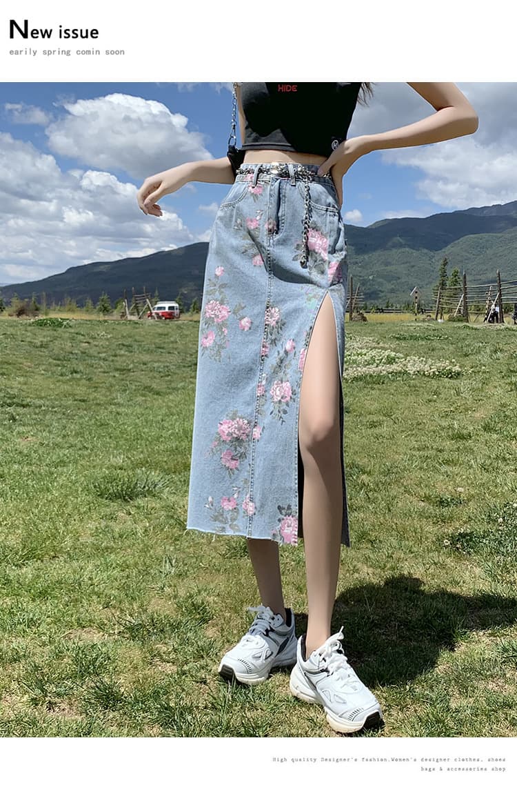 花柄デニムスカート ロング丈 スリット入り 大人可愛い
