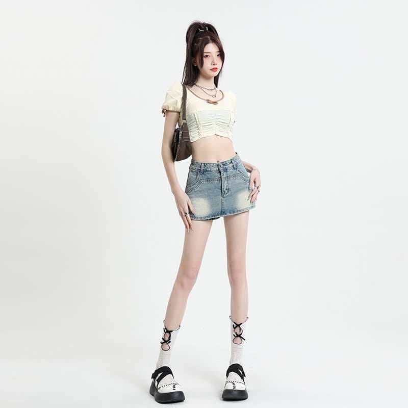 韓国スタイル ヴィンテージウォッシュ ミニデニムショートパンツ