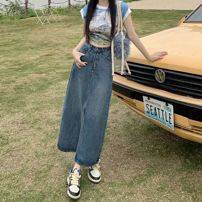カジュアルスタイル ハイウエストデニムロングタイトスカート