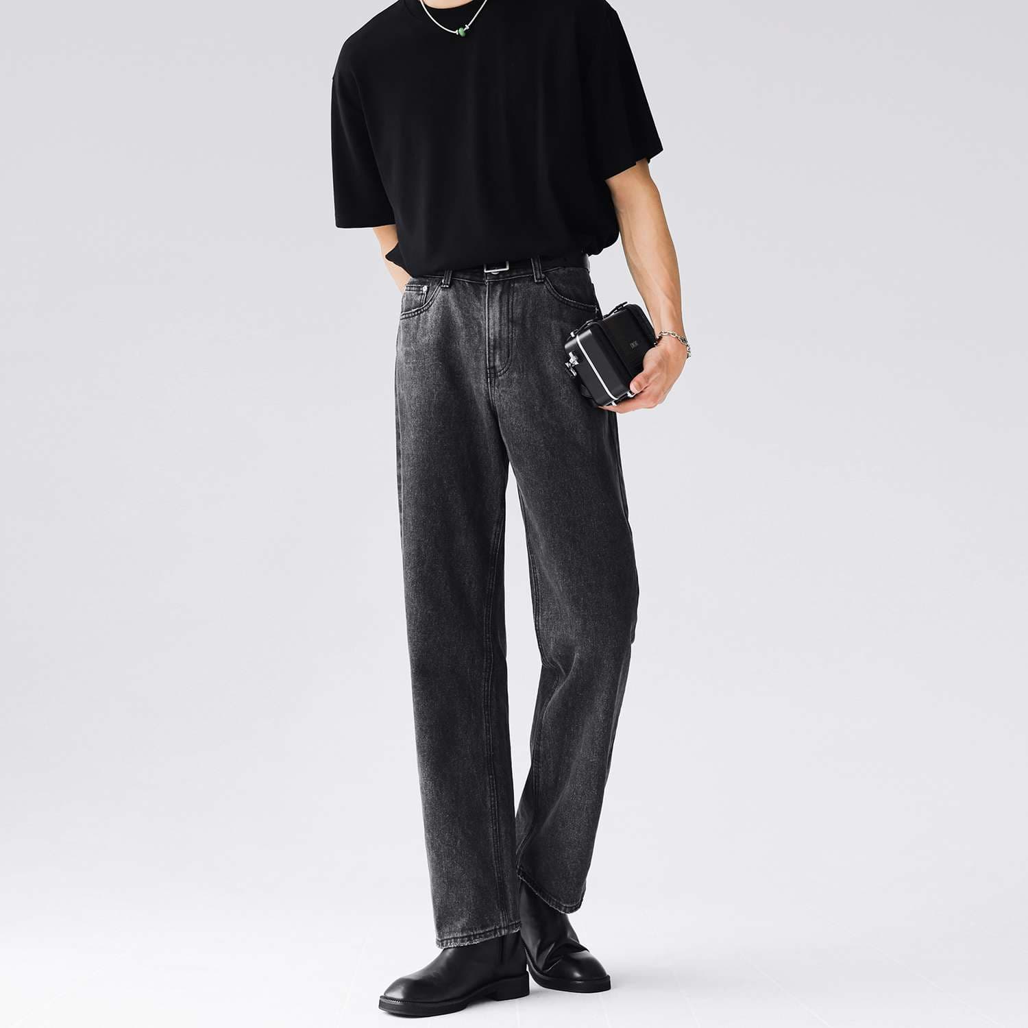 韓国スタイル モダンクラシック ワイドデニムパンツ