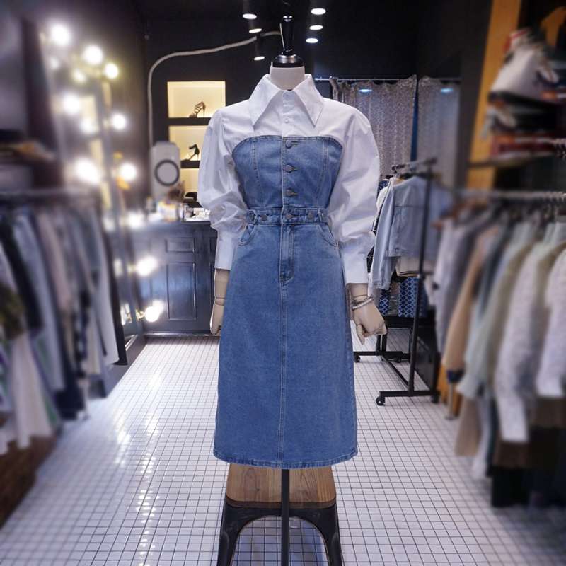 カジュアルスタイル　デニムシャツドッキングスカート　サロペット