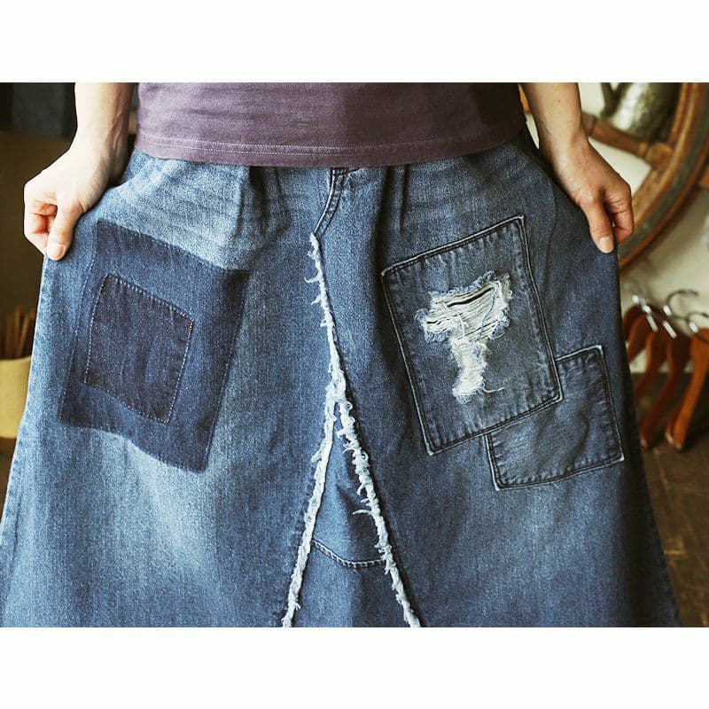 パッチワーク風デニムロングスカート
