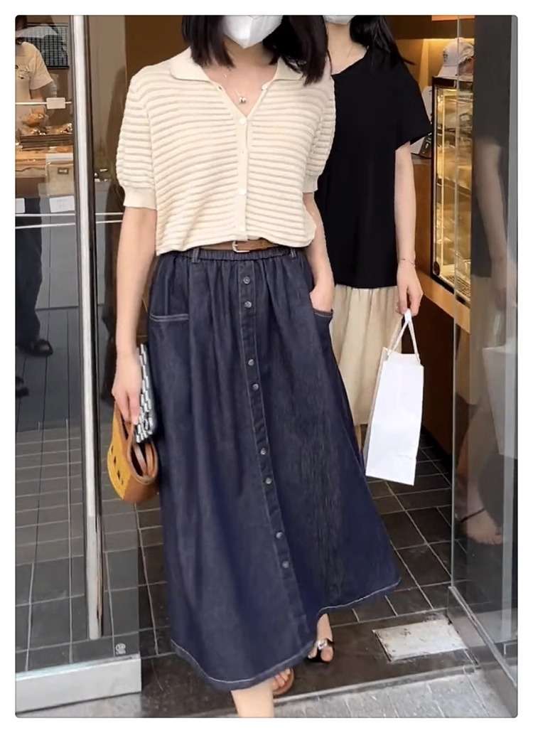 韓国スタイル フロントボタンデニムミディスカート