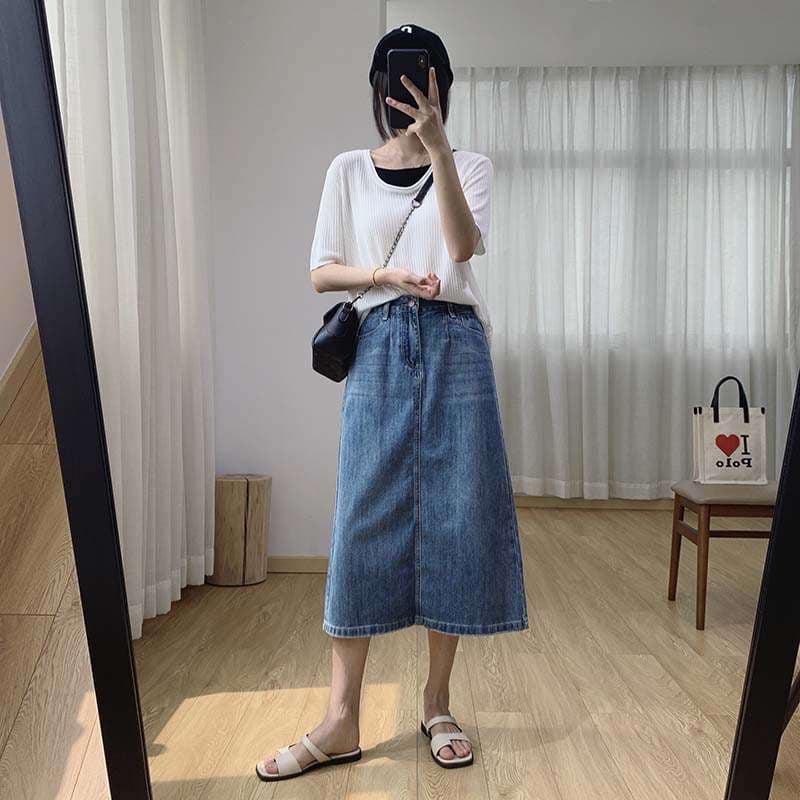 デニムスカート クラシックデニムミディスカートタイト