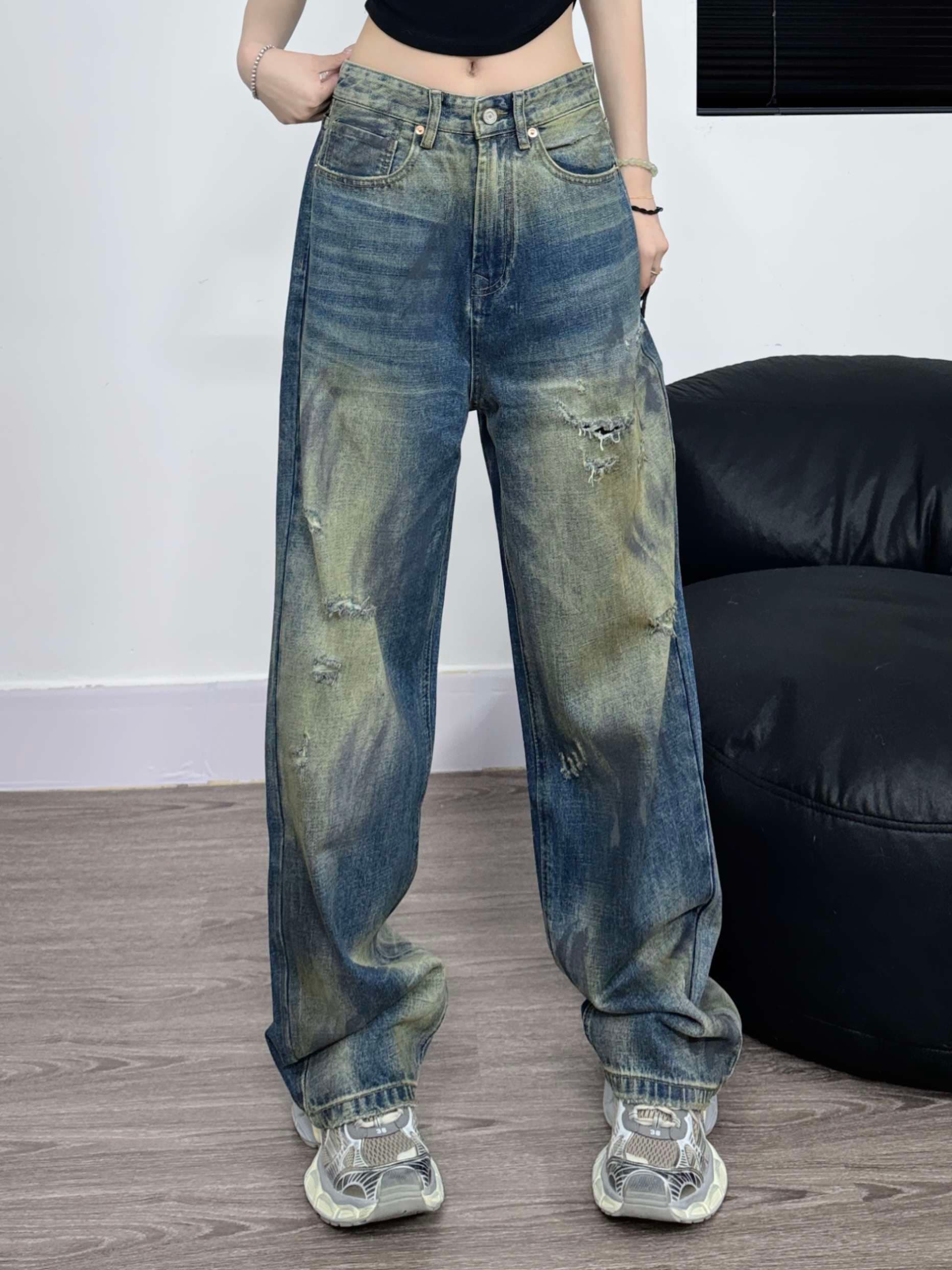 韓国ストリートスタイル ヴィンテージ風ダメージ加工ワイドデニムパンツ