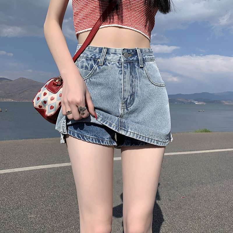 カジュアルスタイル　ハイウエストデニムミニスカート