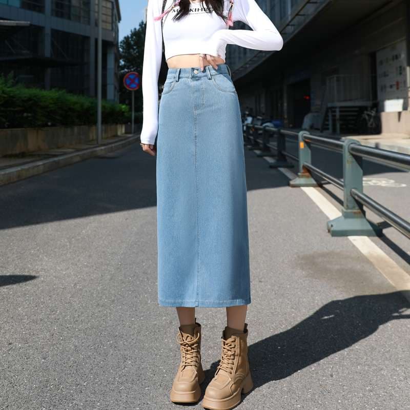 カジュアルスタイル ハイウエストデニムロングタイトスカート