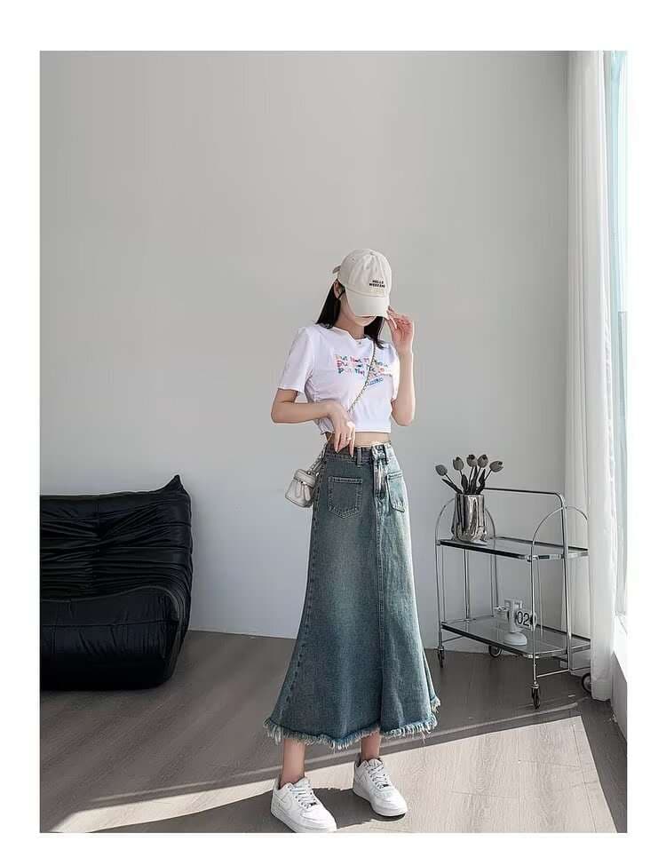 カジュアルスタイル フリンジ裾デニムマキシスカートマーメイド