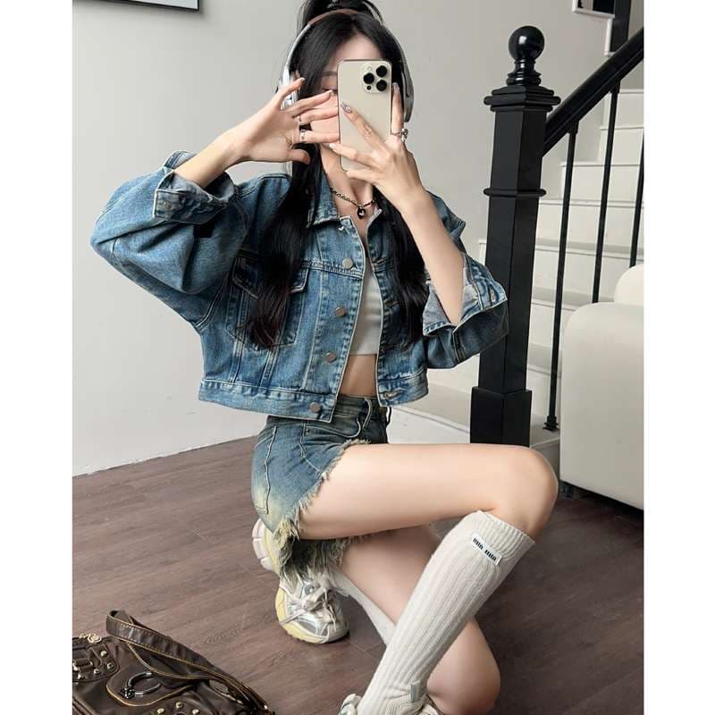 カジュアルスタイル オーバーサイズデニムクロップジャケット