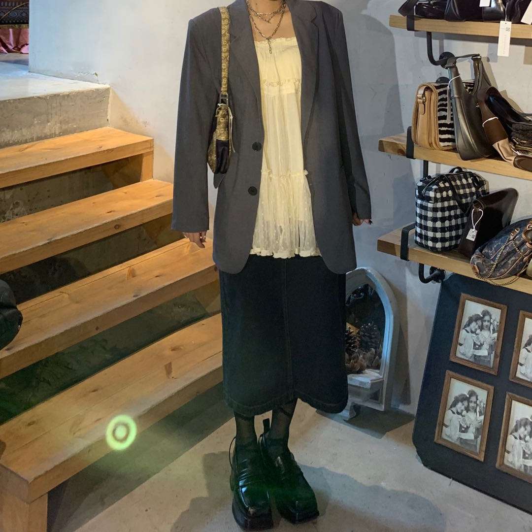 カジュアルスタイル　 デニムマキシスカート ストレートタイトシルエット