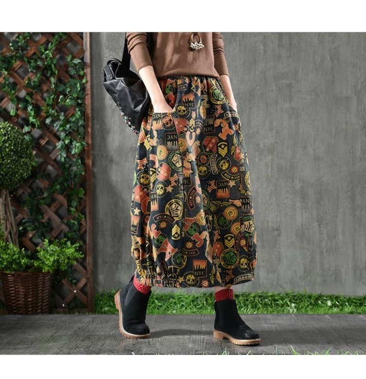 デニムスカート 草花模様ふんわりバルーンスカート