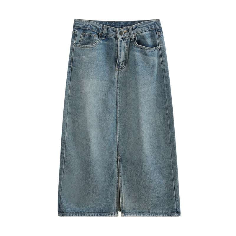 カジュアルスタイル ヴィンテージ風デニムロングタイトスカート