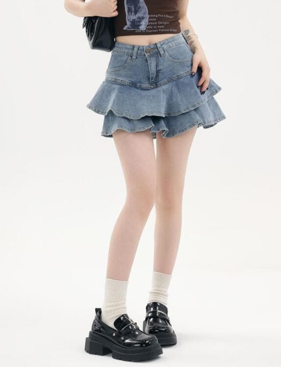 フリルデニムスカート ハイウェスト ミニ丈