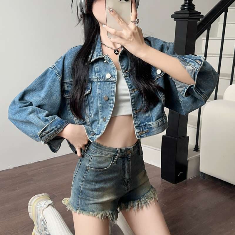 カジュアルスタイル オーバーサイズデニムクロップジャケット