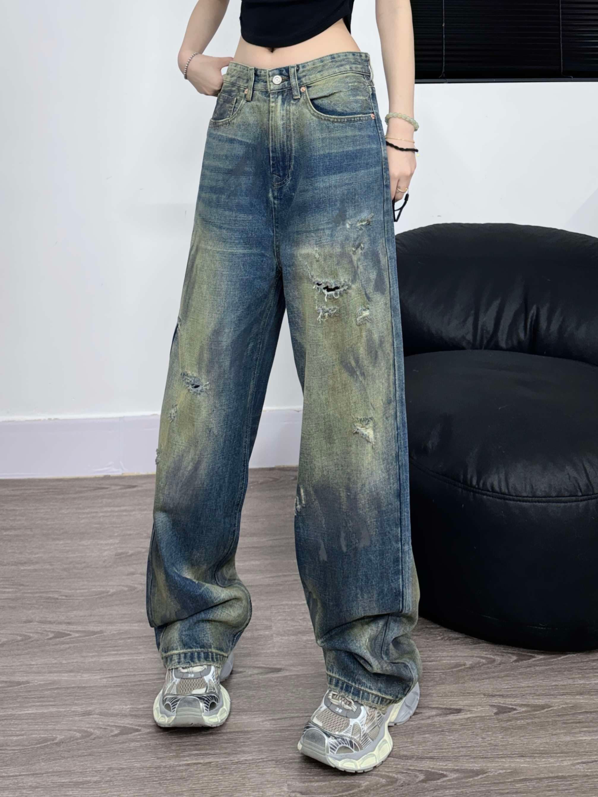 韓国ストリートスタイル ヴィンテージ風ダメージ加工ワイドデニムパンツ