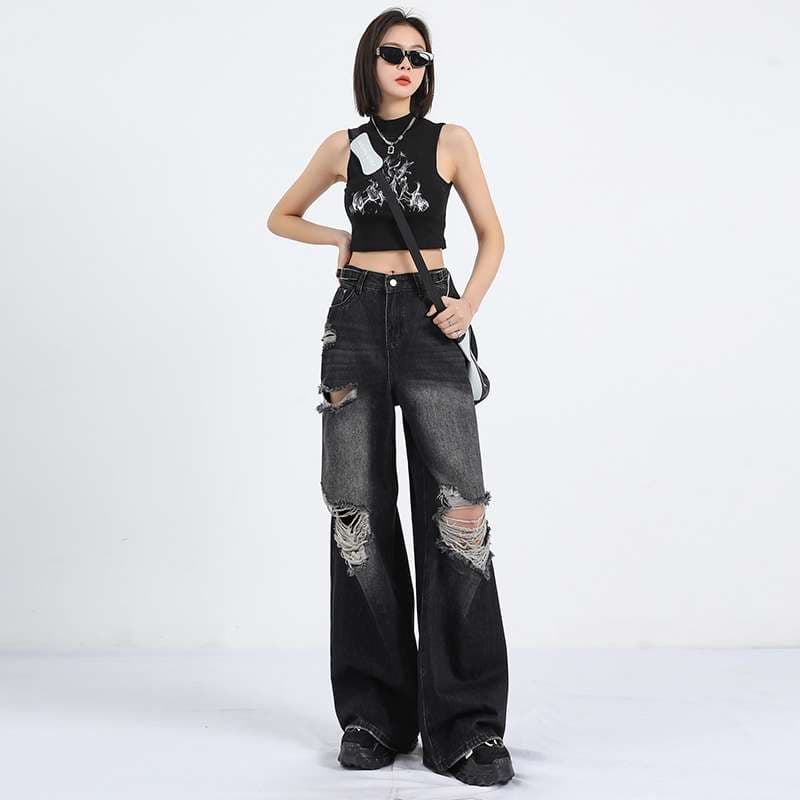 アメリカスタイル エッジィダメージワイドデニムパンツ