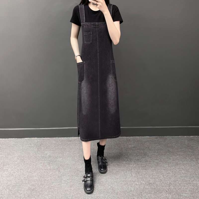 カジュアルスタイル　オーバーオールデザインデニムワンピース　サロペット
