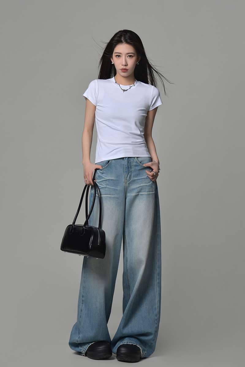 カジュアルスタイル 90年代風ワイドデニムパンツ